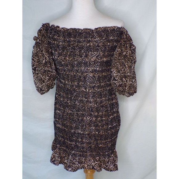 TOPSHOP Off Shoulder Puff Sleeve Leopard Print Smocked Mini Dress 8 NEW - Picture 6 of 10